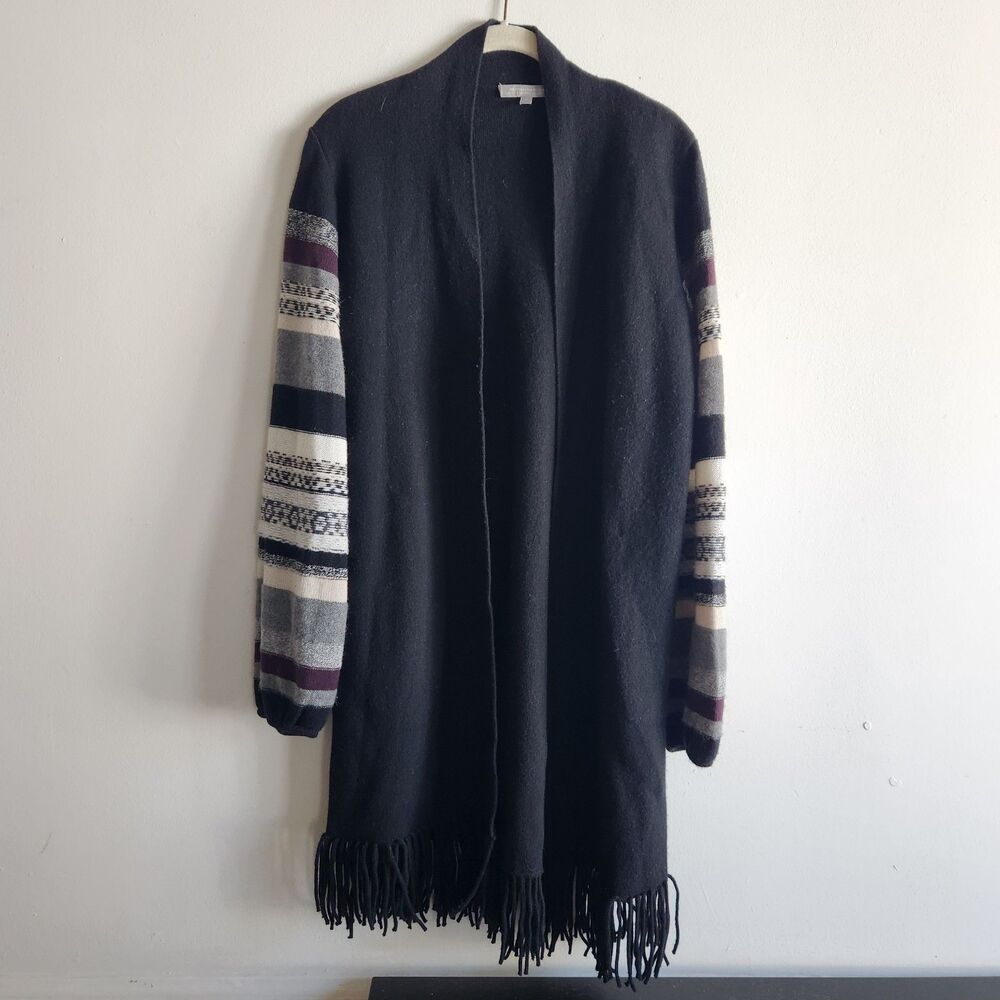 Neiman Marcus black fringe cashmere open cardigan striped balloon sleeves retro